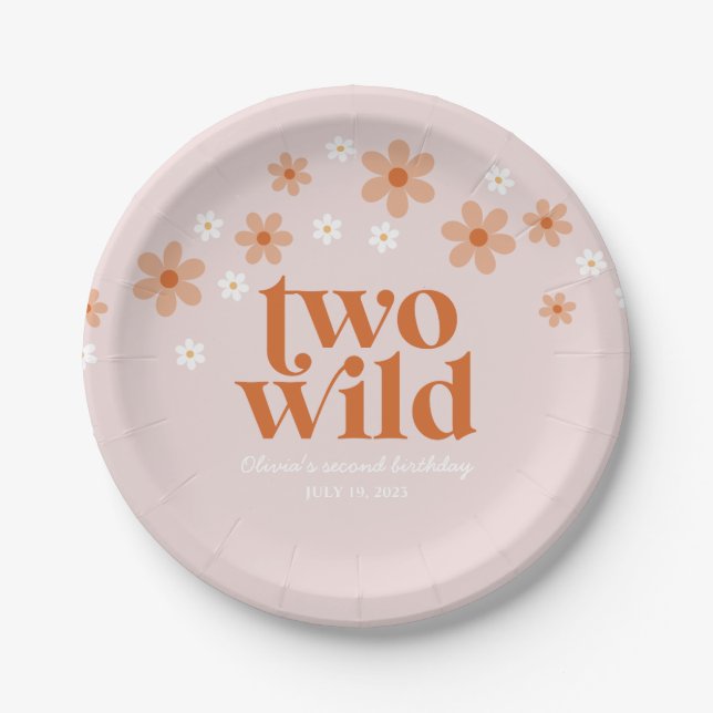 Retro Two Wild daisy boho Second birthday Paper Plate (Front)