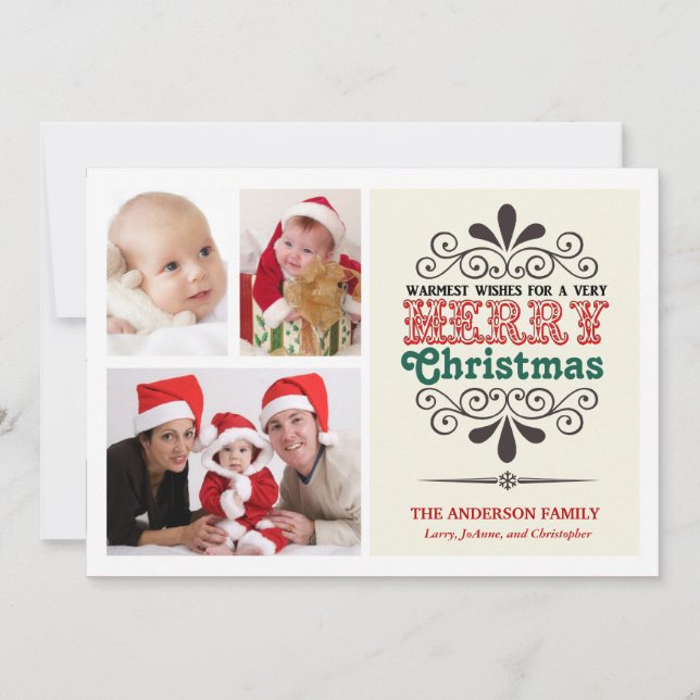 Retro Type Christmas Tri-Photo Flat Card (Front)