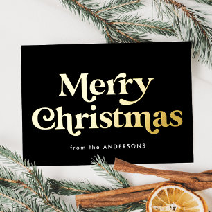 Retro Type Merry Christmas Black and Gold Foil Holiday Card