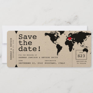 Retro Typewriter World Map Boarding Pass Ticket Save The Date