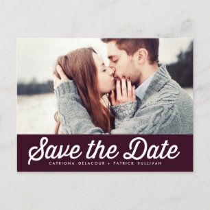 Retro Typography Aubergine Save the Date Photo Announcement Postcard