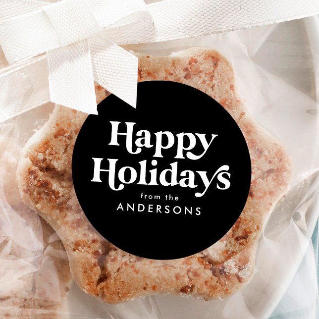 Retro Typography Black and White Happy Holidays Classic Round Sticker (Creator Uploaded)