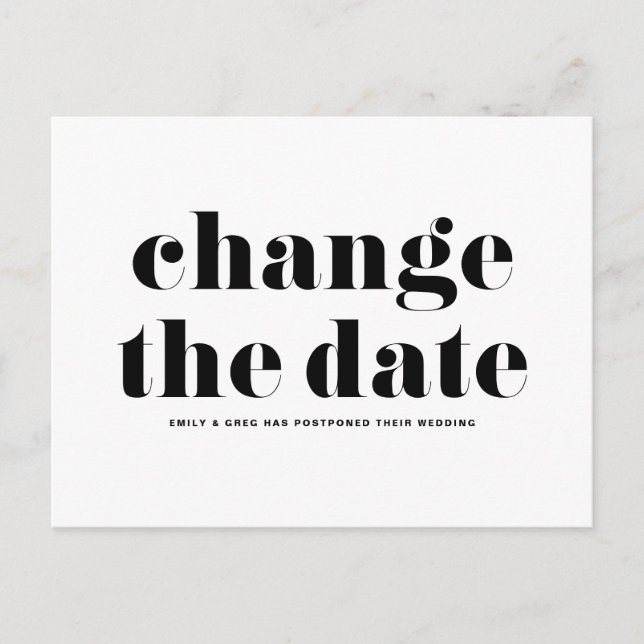 Retro Typography Black Change the Date Wedding Announcement Postcard (Front)