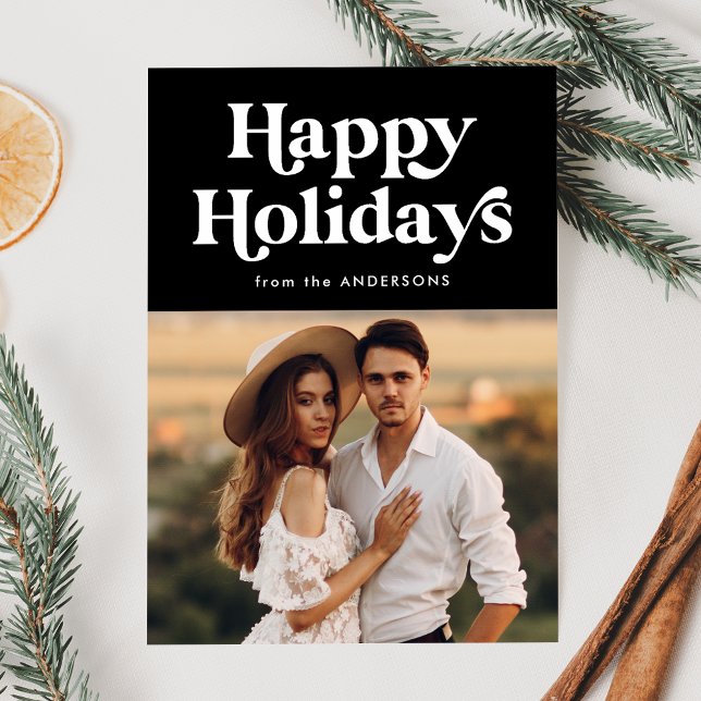 Retro Typography Black Happy Holidays Photo Holiday Card (Creator Uploaded)