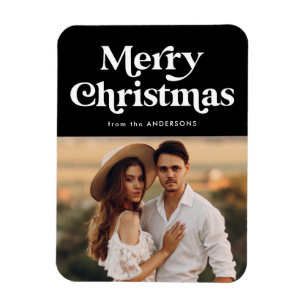 Retro Typography Black Merry Christmas Photo Magnet