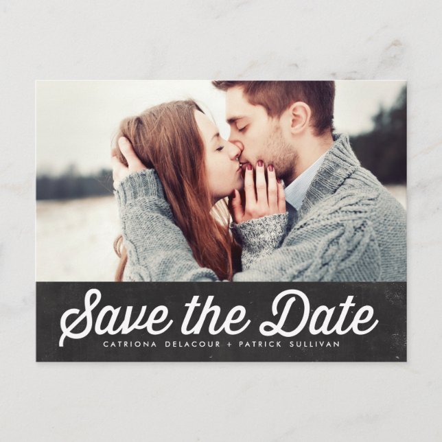 Retro Typography Chalkboard Save the Date Photo Announcement Postcard (Front)