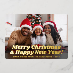 Retro Typography Christmas & New Years 2 Photo Foil Holiday Card