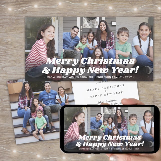 Retro Typography Christmas & New Years Four Photo Holiday Card (Creator Uploaded)