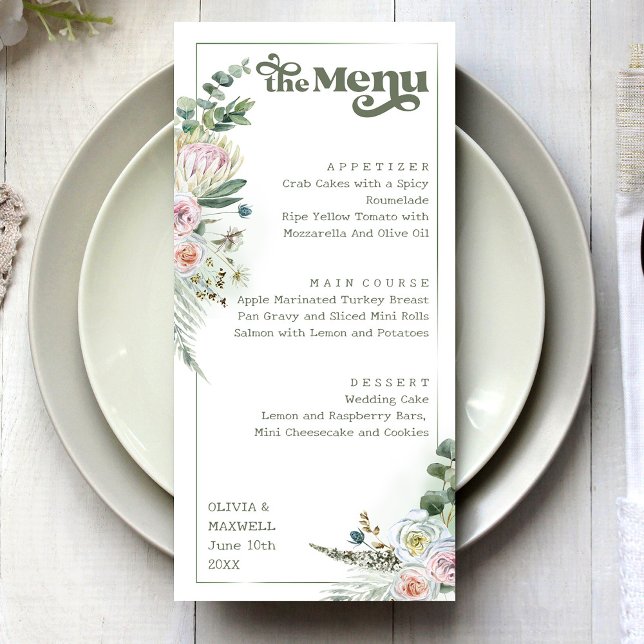 Retro Typography Floral Boho Sage Green Wedding Menu (Creator Uploaded)