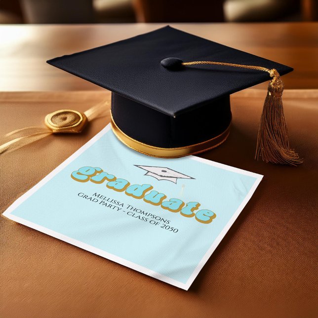 Retro Typography Graduation Party Custom Cocktail Napkin (Blue graduate custom cocktail napkins.)
