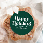 Retro Typography Green Happy Holidays Classic Round Sticker<br><div class="desc">Simple Christmas stickers featuring "Happy Holidays" displayed in white retro-style lettering with a green background. Personalise the green holiday stickers with your name or custom text. The stylish holiday stickers are perfect to use for envelope seals, gift wrapping, party favours, and more! Designed to coordinate with our Retro Typography holiday...</div>