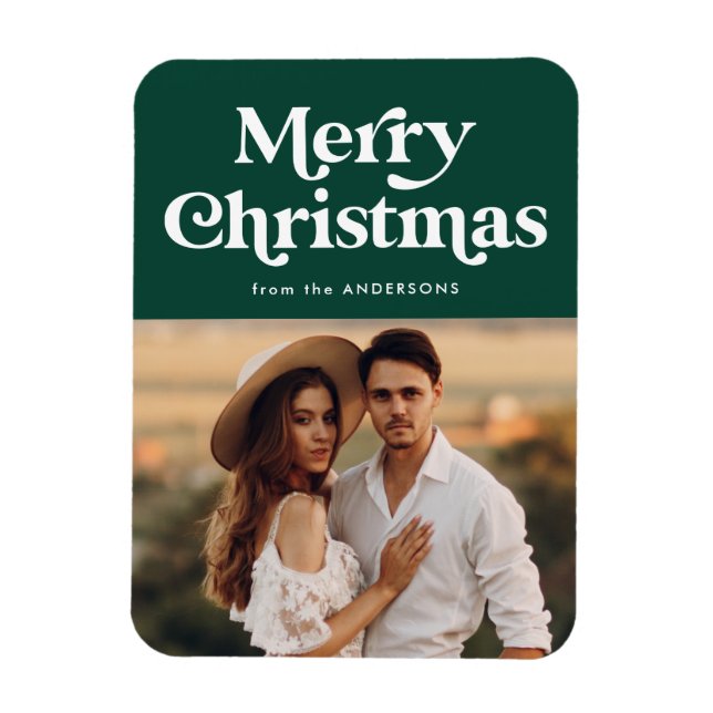 Retro Typography Green Merry Christmas Photo Magnet (Vertical)