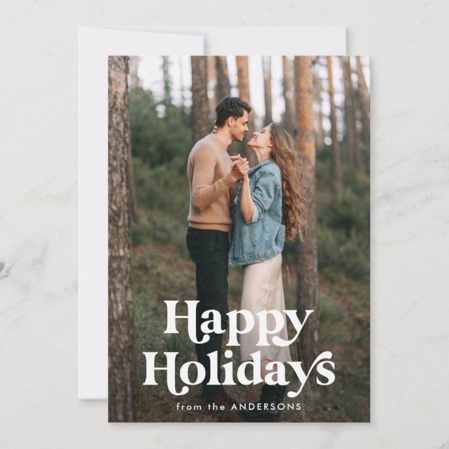 Retro Typography Happy Holidays 2 Photo Holiday Card (Front)