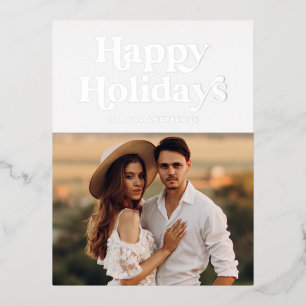 Retro Typography Happy Holidays Photo Silver Foil Holiday Postcard
