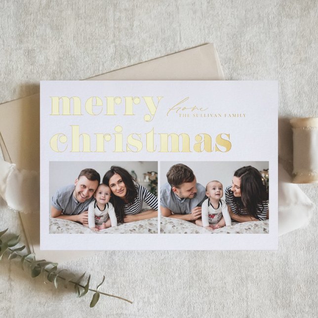 Retro Typography Merry Christmas Two Photo Foil Holiday Card (Creator Uploaded)