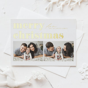 Retro Typography Merry Christmas Two Photo Foil Holiday Postcard