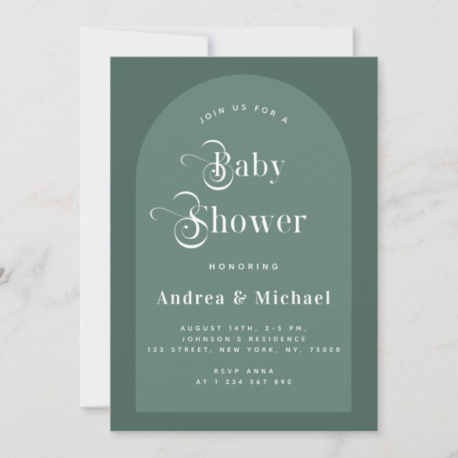 Retro Typography Moss Green Boho Arch Baby Shower Invitation (Front)