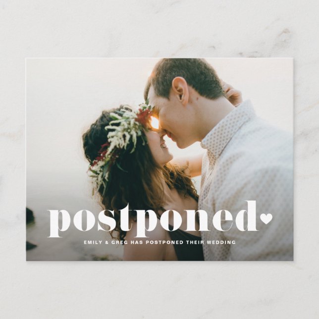 Retro Typography Photo Wedding Postponement Announcement Postcard (Front)