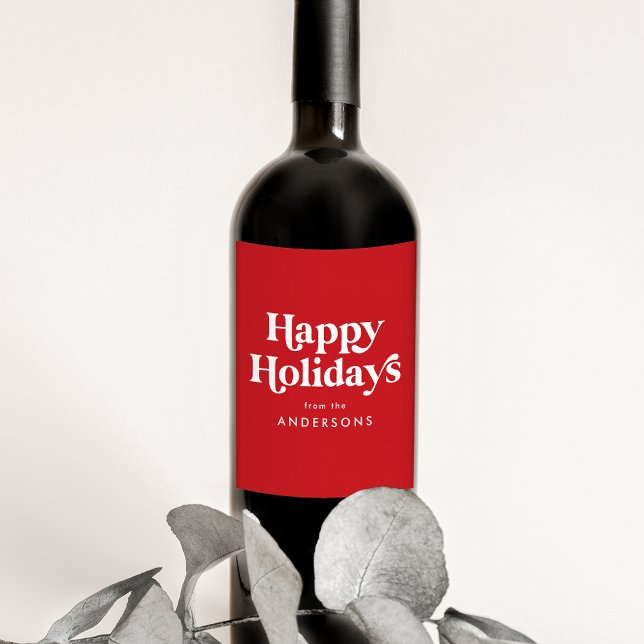 Retro Typography Red Happy Holidays Wine Label (Creator Uploaded)