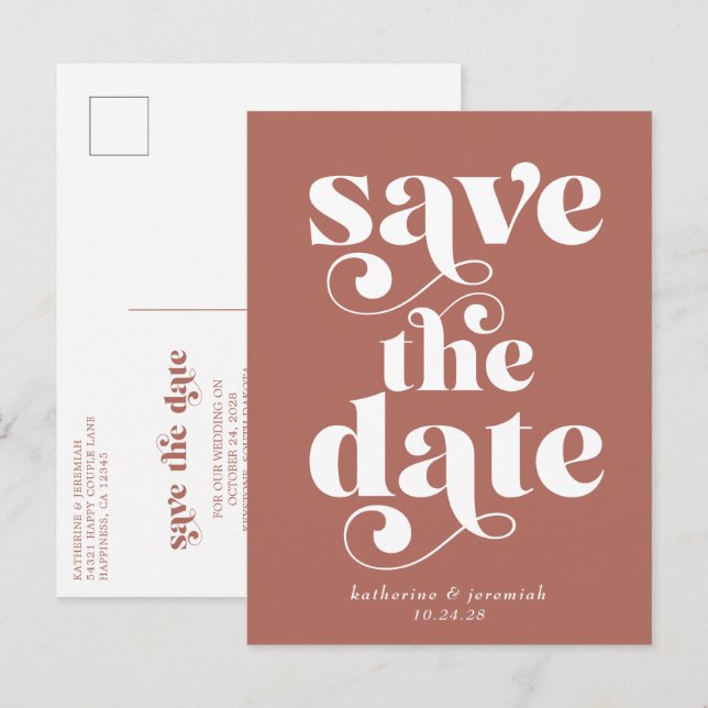 Retro Typography Terracotta Wedding Save the Date Announcement Postcard (Front/Back)