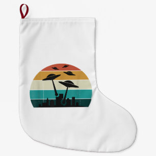 Retro UFO Attack Sunset - Cool Vintage Flying Sauc Large Christmas Stocking