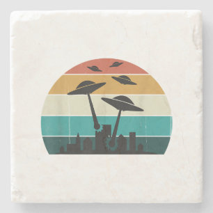 Retro UFO Attack Sunset - Cool Vintage Flying Sauc Stone Coaster