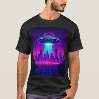 Retro UFO Cityscape Poster – Neon Synthwave Alien 