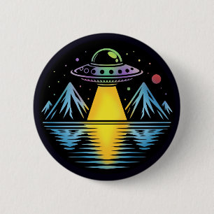 Retro UFO in the Mountains Reflecting in the Water 6 Cm Round Badge