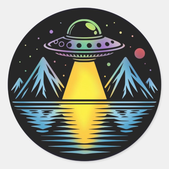 Retro UFO in the Mountains Reflecting in the Water Classic Round Sticker (Front)