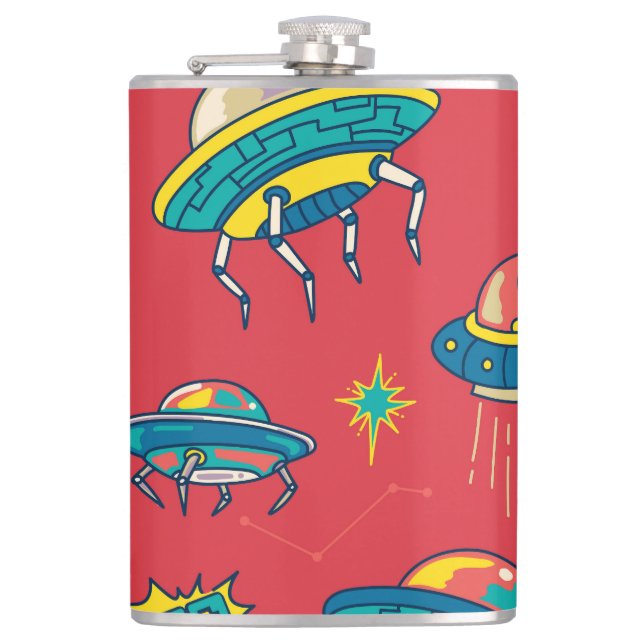 Retro UFO Space Invaders Hip Flask (Front)