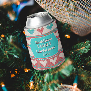 Retro Ugly Christmas Sweater Aqua Blue Red Hearts Can Cooler