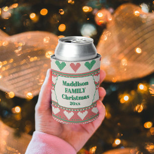 Retro Ugly Christmas Sweater Green Red Hearts Can Cooler