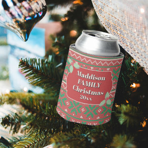 Retro Ugly Christmas Sweater Red Green Holly Can Cooler