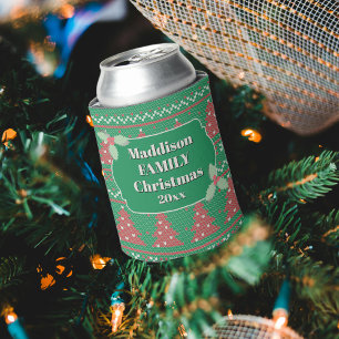 Retro Ugly Christmas Sweater with Trees in Green Can Cooler