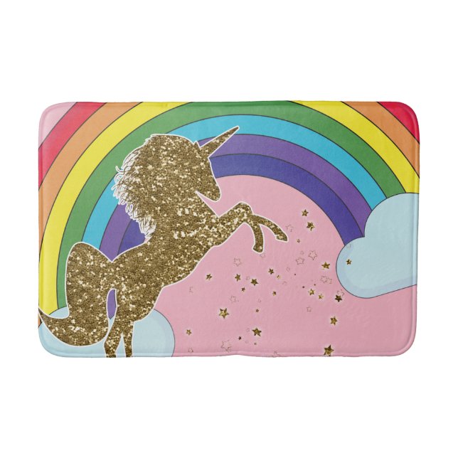 Retro Unicorn Rainbow & Gold Stars Girls Bath Mat (Front)