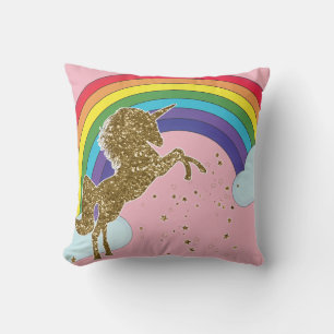 Retro Unicorn Rainbow & Gold Stars Girls Cushion