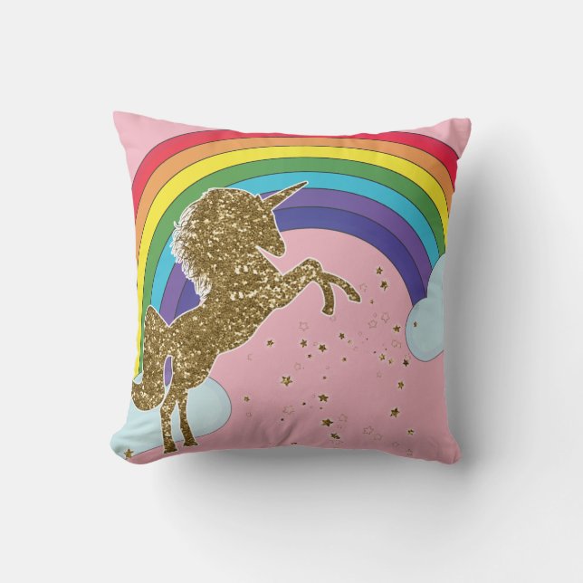 Retro Unicorn Rainbow & Gold Stars Girls Cushion (Front)