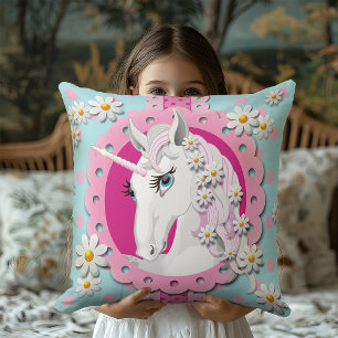 Retro Unicorns and Daisies Pattern on Blue Cushion