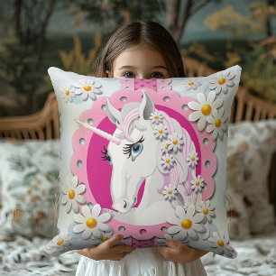 Retro Unicorns and Daisies Pattern on Blue Cushion