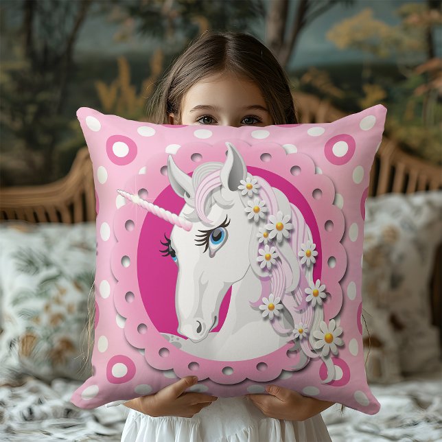 Retro Unicorns and Daisies Pattern on Pink Cushion (Creator Uploaded)