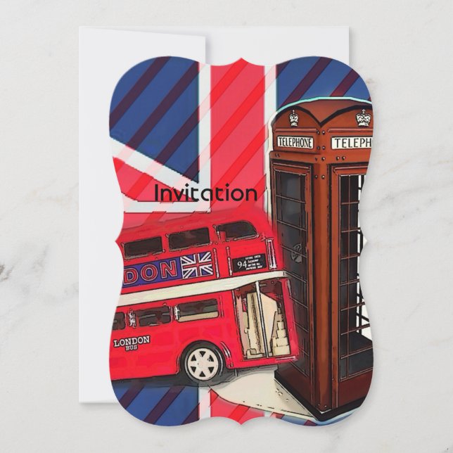 Retro Union Jack London Bus red telephone booth Invitation (Front)