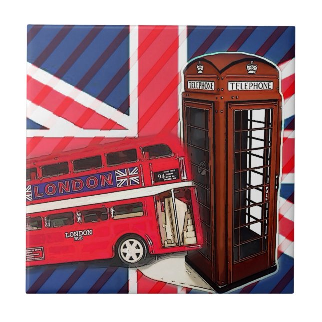 Retro Union Jack London Bus red telephone booth Tile (Front)