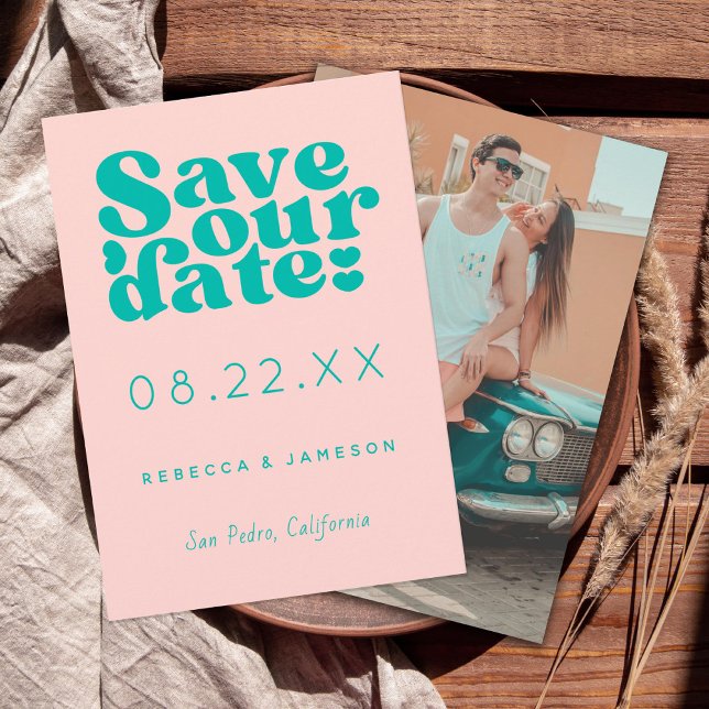 Retro Union Pink and Teal Wedding Save The Date (Creator Uploaded)
