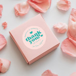 Retro Union Pink and Teal Wedding Thank You Classic Round Sticker<br><div class="desc">Retro inspired font "Thank you" with hearts,  in editable colours for background and graphics.</div>