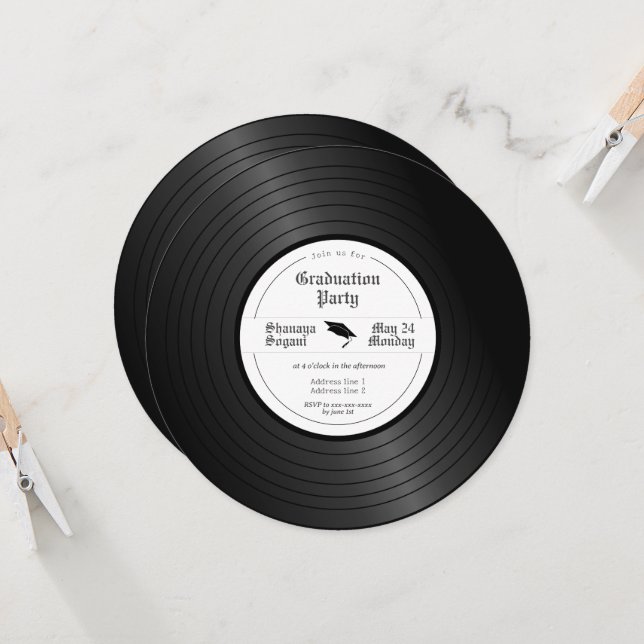 Retro unique vinyl record graduation party invitation (Front/Back In Situ)