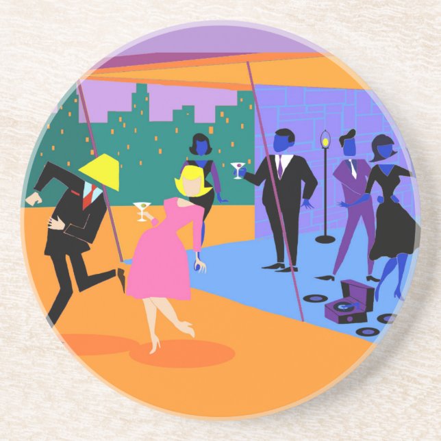 Retro Urban Rooftop Party Sandstone Coaster (Front)