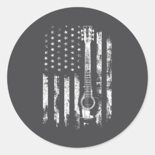 Retro Us Flag Acoustic Guitar Distressed Patriotic Classic Round Sticker
