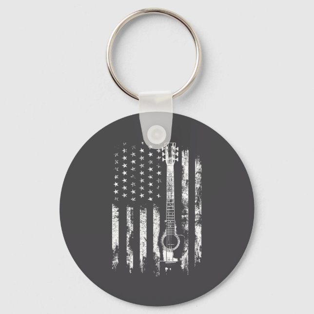 Retro Us Flag Acoustic Guitar Distressed Patriotic Key Ring (Front)