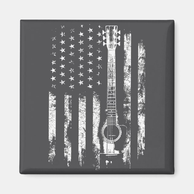 Retro Us Flag Acoustic Guitar Distressed Patriotic Magnet (Front)