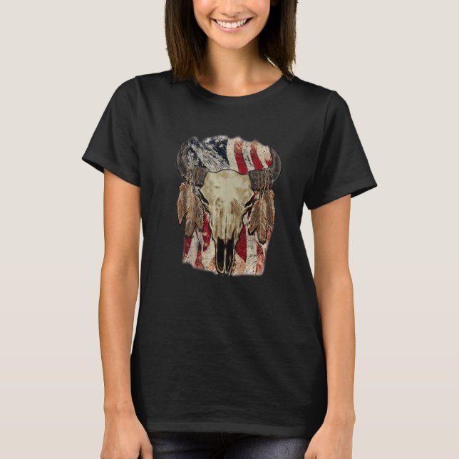 Retro Us Flag Boho Skull Western Country Cowgirl W T-Shirt (Front)